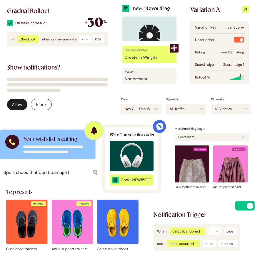 Sample Wingify product UI including gradual rollout, feature flags, variations, merchandising, and campaign cards