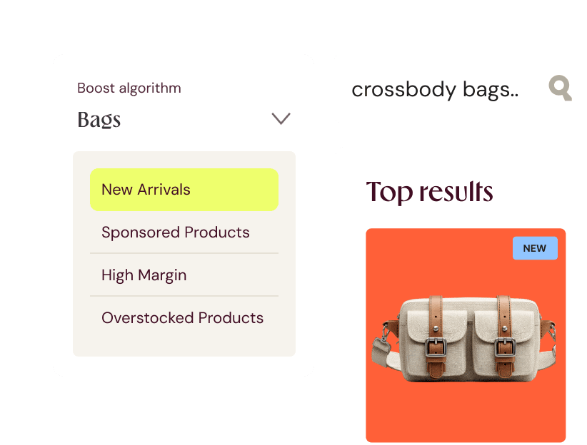 Boost algorithm highlighting New Arrivals for bags with top search results
