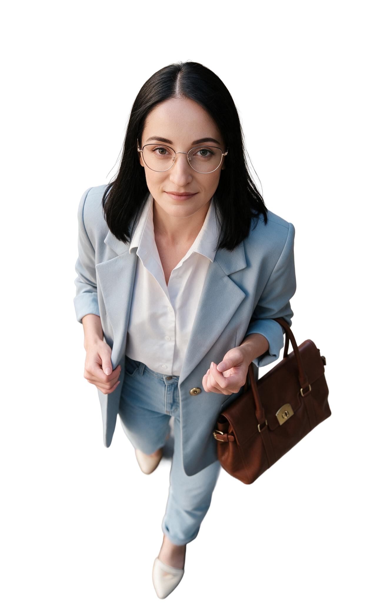 Person in a blue blazer holding a bag