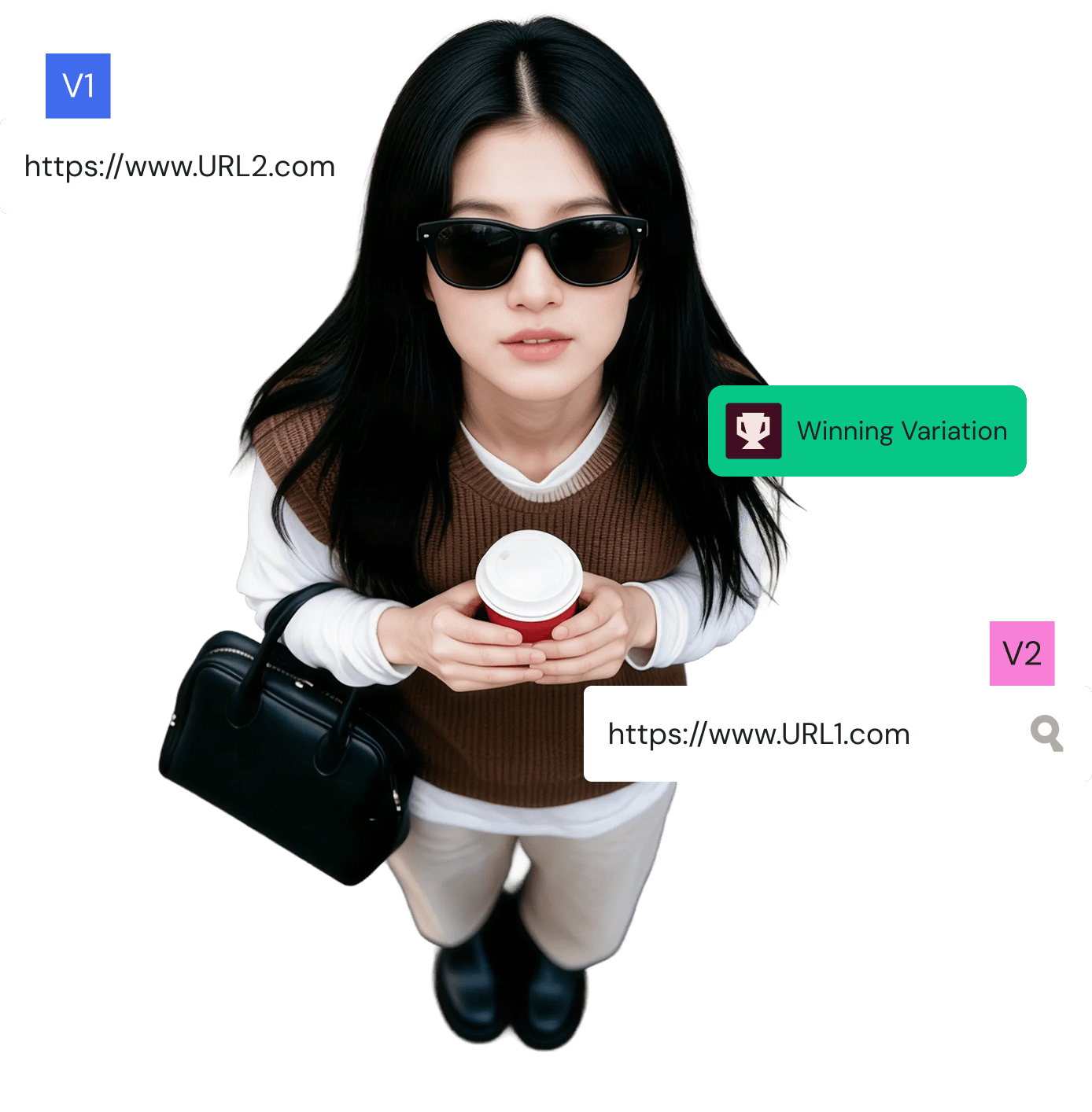Person reviewing a split URL test with winning variation overlays